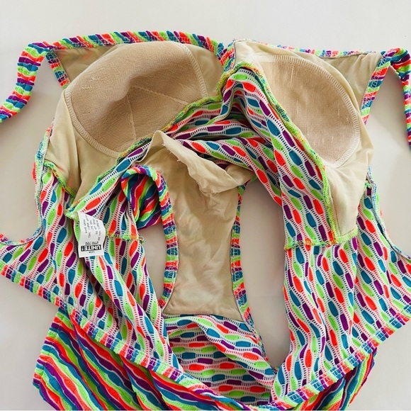 Vintage 90s One Piece Swimsuit Fluorescent Neon Size L/XL Stripes Textured - Picture 8 of 12